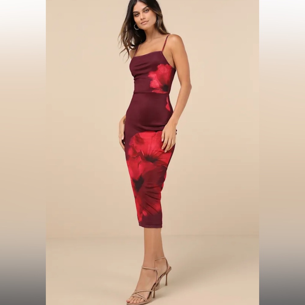 Lulu’s Jaela Burgundy Floral Mesh Sleeveless Bodycon Midi Dress